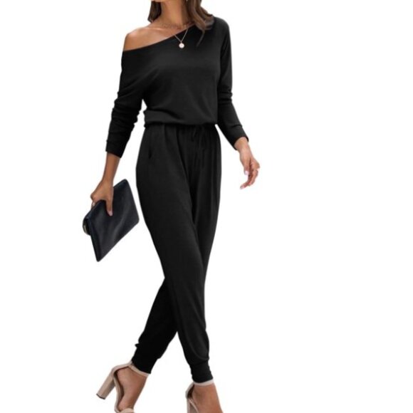 PrettyGarden Solid Off Shoulder Elastic Waist Stretchy Long Romper Jumpsuit - Picture 1 of 11